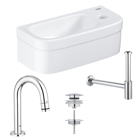 Grohe Euro Fonteinset - 37x18cm - rechthoek - 1 kraangat - zonder overloop - gebogen kraan - sifon - afvoerplug - wit/chroom SW657317