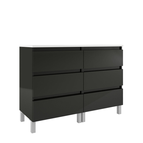 Saniclass Chaci PLUS Meuble de salle de bain - 120x86x46cm - lavabo en céramique blanc - 2 vasques ovales - 2 trous de robinet - 6 tiroirs - miroir rectangulaire - noir mat SW926322