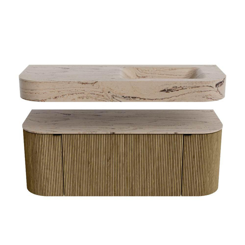 MONDIAZ THOR-DLUX 120cm meuble de salle de bains arrondi gauche + droite couleur Dusk avec 1 tiroir et 2 portes. Vasque suspendue CLOUD Droite 1 trou de robinet couleur Arena. SW1463405
