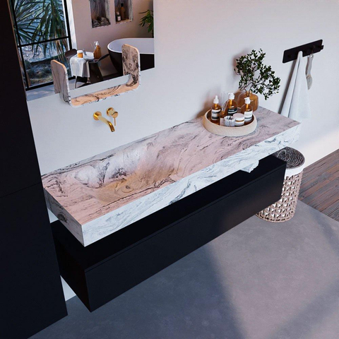 Mondiaz ALAN-DLUX Ensemble de meuble - 150cm - meuble Urban mat - 1 tiroir - Lavabo Cloud Glace suspendu - vasque Gauche - 0 trous de robinet SW805428