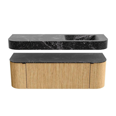 MONDIAZ THOR-DLUX 140cm badmeubel ronding links + rechts kleur Oak met 1 lade en 2 deuren. Vrijhangende wastafel CLOUD Rechts 1 kraangat kleur Lava. SW1463939