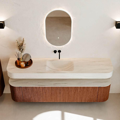 MONDIAZ THOR-DLUX 190cm meuble de salle de bains arrondi gauche + droite couleur Ruby avec 2 tiroirs et 2 portes. Vasque suspendue CLOUD Centre sans trou de robinet couleur Meli. SW1466727