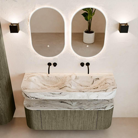 MONDIAZ THOR-DLUX 130cm meuble de salle de bains arrondi gauche + droite couleur Shadow avec 1 tiroir et 2 portes. Vasque suspendue CLOUD Double sans trou de robinet couleur Glace. SW1463771