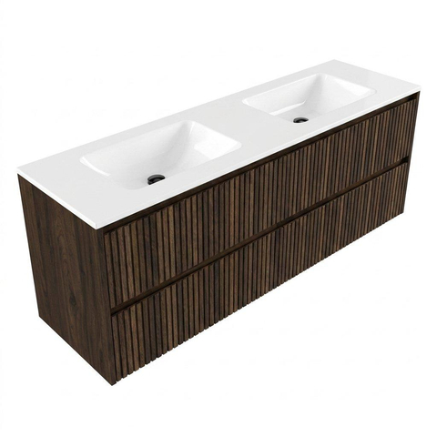 Saniclass Holz Atelier Badkamermeubelset - 160x45x77.5cm - Torino solid surface wastafel wit - zonder kraangat - 4 lades - mat eiken charcoal (hout) SW1478686