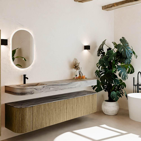 MONDIAZ THOR-DLUX 200cm meuble de salle de bains arrondi gauche + droite couleur Dusk avec 2 tiroirs et 2 portes. Vasque suspendue CLOUD gauche 1 trou de robinet couleur Sombra. SW1467272