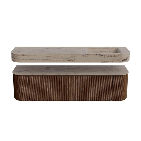 MONDIAZ THOR-DLUX 170cm meuble de salle de bains arrondi gauche + droite couleur Walnut avec 1 tiroir et 2 portes. Vasque suspendue CLOUD Droite sans trou de robinet couleur Arena. SW1465820