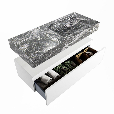 Mondiaz ALAN-DLUX Ensemble de meuble - 110cm - meuble Talc mat - 1 tiroir - Lavabo Cloud Lava suspendu - vasque droite - 1 trou de robinet SW807994