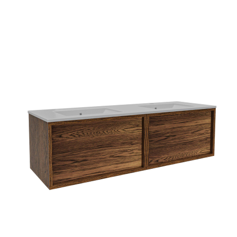 Saniclass Holz Frame Meuble de salle de bain - 140x45x40cm - lavabo en céramique blanc - 2 vasques - 2 trous de robinet - 2 tiroirs - Walnut pure SW1437758