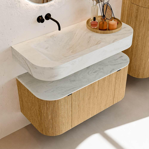MONDIAZ THOR-DLUX 100cm badmeubel ronding links + rechts kleur Oak met 1 lade en 2 deuren. Vrijhangende wastafel CLOUD Links zonder kraangat kleur Opalo. SW1467318