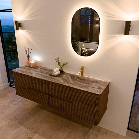 Mondiaz CIRO-DLUX Badkamermeubelset - 170x45x50cm - Solid surface wastafel Sombra - 1 wasbak Rechts - 1 kraangat - 4 lades - Dusk SW1533418