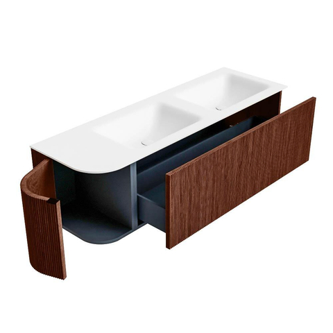 Mondiaz KURVE Badkamermeubelset - 145x46x40cm - 1 lade - 1 deur - wastafel solid surface - dubbel / rechts - zonder kraangat - Ruby SW1415314