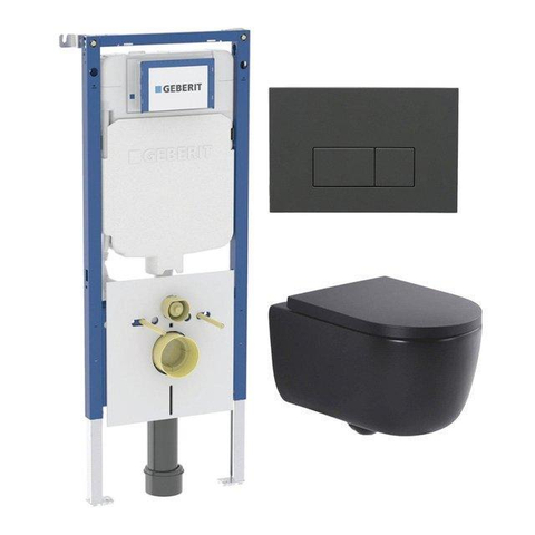 QeramiQ Dely Swirl Toiletset - 36.3x51.7cm - Geberit UP720 Duofix Sigma inbouwreservoir - slim zitting - bedieningsplaat mat antraciet - rechthoekige knoppen - mat zwart SW1413188