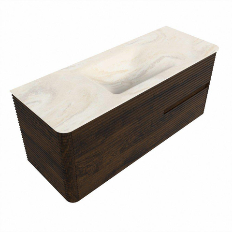 Mondiaz CIRO-DLUX Badkamermeubelset - 120x45x50cm - Solid surface wastafel Ostra - 1 wasbak Midden - zonder kraangaten - 2 lades - Walnut SW1530374