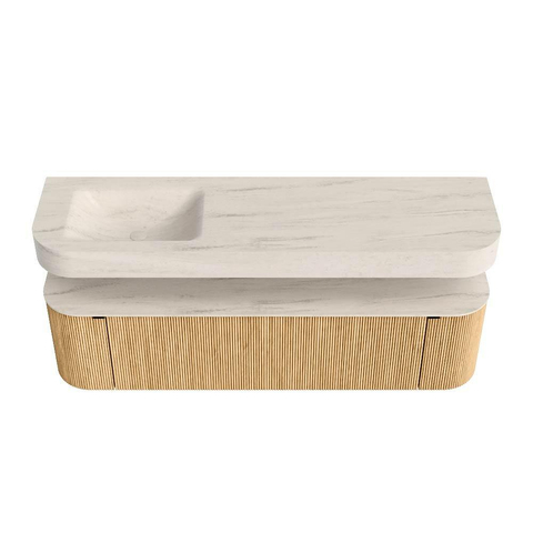 MONDIAZ THOR-DLUX 170cm meuble de salle de bains arrondi gauche + droite couleur Oak avec 1 tiroir et 2 portes. Vasque suspendue CLOUD gauche sans trou de robinet couleur Meli. SW1465829
