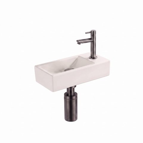 Saniclass Fuente Fonteinset - 40x22x10cm - solid surface off-white - afvoerplug - fonteinkraan - sifon - geborsteld gunmetal SW1587197