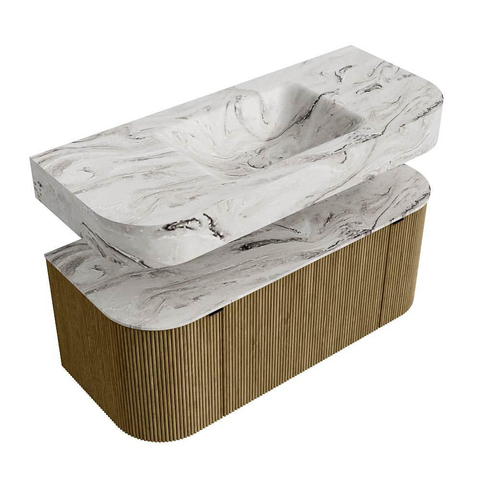 MONDIAZ THOR-DLUX 110cm badmeubel ronding links + rechts kleur Dusk met 1 lade en 2 deuren. Vrijhangende wastafel CLOUD Midden zonder kraangat kleur Glace. SW1462800