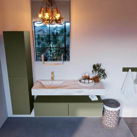 Mondiaz ALAN-DLUX Ensemble de meuble - 130cm - meuble Army mat - 2 tiroirs - Lavabo Cloud Frappe suspendu - vasque Gauche - 1 trou de robinet SW805732