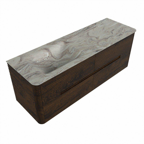 Mondiaz CIRO-DLUX Ensemble de meubles de salle de bains - 140x45x50cm - vasque solid surface Glace - 1 bassin à gauche - sans trous de robinet - 4 tiroirs - Noyer SW1530265