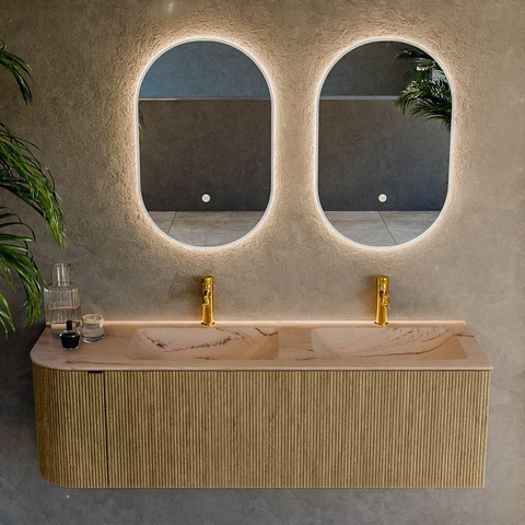 MONDIAZ KURVE-DLUX Meuble de salle de bains 145 cm arrondi à gauche couleur Dusk avec 1 tiroir et 1 porte. Lavabo LEAF Double / Droite 2 trous de robinet Arena. SW1431432
