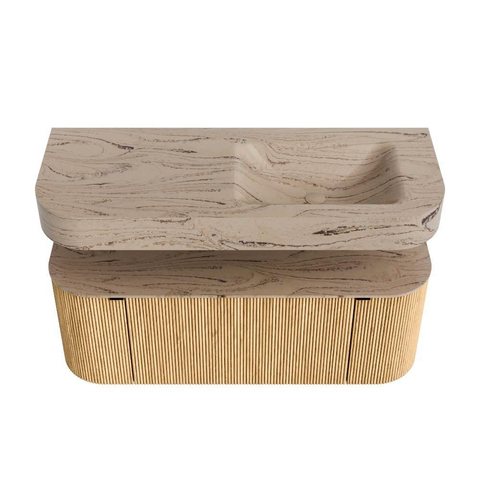 MONDIAZ THOR-DLUX 120cm badmeubel ronding links + rechts kleur Oak met 1 lade en 2 deuren. Vrijhangende wastafel CLOUD Rechts 1 kraangat kleur Arena. SW1463448