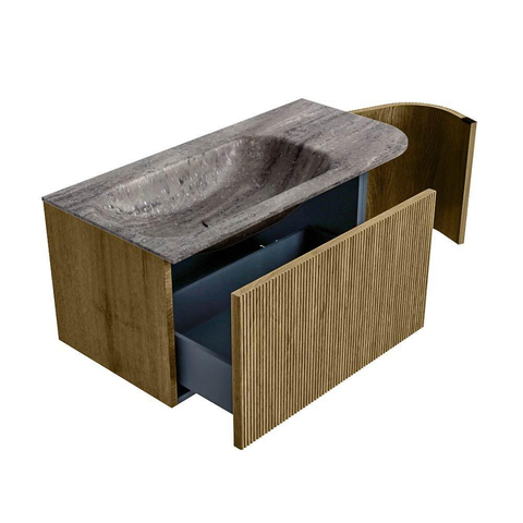 MONDIAZ KURVE-DLUX 95cm badmeubel ronding Rechts kleur Dusk met 1 lade en 1 deur. Wastafel BIG SMALL Links 1 kraangat Oza. SW1432968