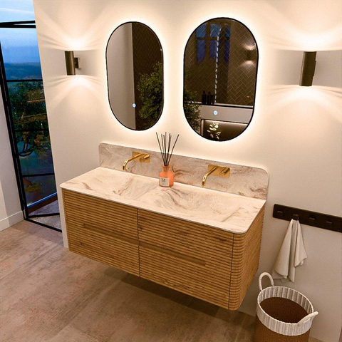 Mondiaz CIRO-DLUX Badkamermeubelset - 130x45x50cm - Solid surface wastafel Frappe - 2 wasbak Dubbel - zonder kraangaten - 4 lades - Oak SW1530874
