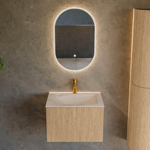 MONDIAZ KURVE-DLUX Meuble de salle de bains 60cm couleur Oak avec 1 tiroir et 0 porte. Lavabo CLOUD Central 1 trou de robinet Meli. SW1431578