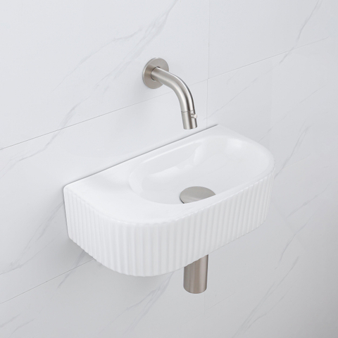 QeramiQ Fuente pack lave-mains – demi-rond – 40 x 21,5 x 12 cm – robinet inox brossé – cannelé SW1233102