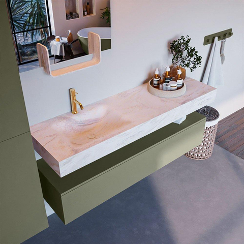 Mondiaz ALAN-DLUX Ensemble de meuble - 150cm - meuble Army mat - 1 tiroir - Lavabo Cloud Ostra suspendu - vasque gauche - 1 trou de robinet SW807422