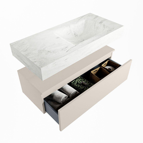 Mondiaz ALAN-DLUX Ensemble de meuble - 100cm - meuble Linen mat - 1 tiroir - Lavabo Cloud Opalo suspendu - vasque Droite - 1 trou de robinet SW806653