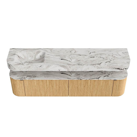 MONDIAZ THOR-DLUX 200cm meuble de salle de bains arrondi gauche + droite couleur Chêne avec 2 tiroirs et 2 portes. Vasque suspendue CLOUD Gauche sans trou de robinet couleur Glace. SW1466931
