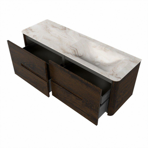 Mondiaz CIRO-DLUX Ensemble de meubles de salle de bains - 140x45x50cm - vasque en solid surface Frappe - 1 lavabo à droite - sans trous de robinet - 4 tiroirs - Noyer SW1530357