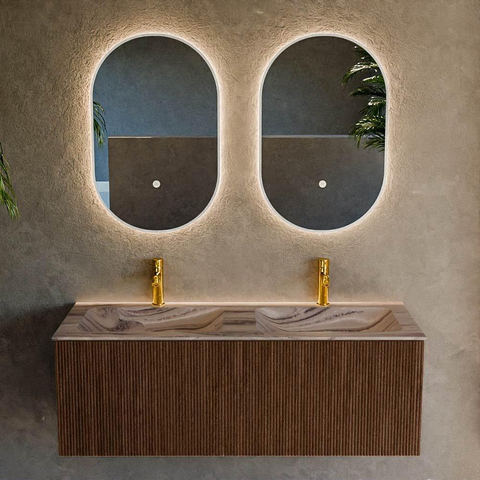 MONDIAZ KURVE-DLUX Meuble de salle de bains 120cm couleur Walnut avec 1 tiroir et 0 portes. Lavabo LEAF Double 2 trous de robinet Sombra. SW1433692