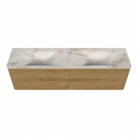 Mondiaz CIRO-DLUX Badkamermeubelset - 180x45x50cm - Solid surface wastafel Frappe - 2 wasbak Dubbel - 2 kraangaten - 4 lades - Oak SW1530888