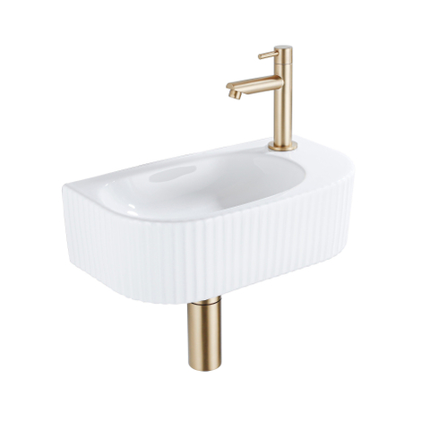 QeramiQ Blend fonteinset – halfrond – 40x21.5x12 cm – keramiek wit glans – geborsteld gouden kraan SW1233023