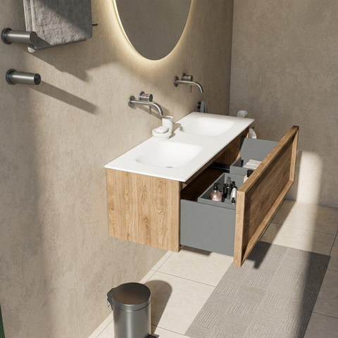 Saniclass Holz Frame Badkamermeubelset - 120x45x41.5cm - Flow solid surface wastafel wit - 2 wasbakken - zonder kraangaten - 1 lade - mat eiken natural (hout) SW1478413