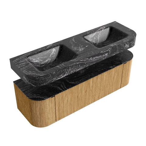 MONDIAZ THOR-DLUX 150cm badmeubel ronding links + rechts kleur Oak met 1 lade en 2 deuren. Vrijhangende wastafel CLOUD Dubbel zonder kraangat kleur Lava. SW1464621