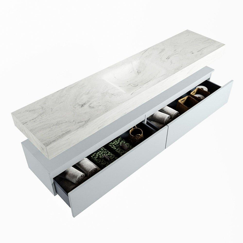 Mondiaz ALAN-DLUX Ensemble de meuble - 200cm - meuble Clay mat - 2 tiroirs - Lavabo Cloud Opalo suspendu - vasque Centre - 1 trou de robinet SW807034