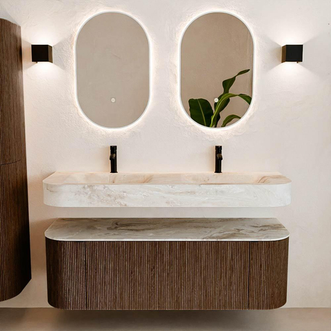 MONDIAZ THOR-DLUX 140cm meuble de salle de bains arrondi gauche + droite couleur Walnut avec 1 tiroir et 2 portes. Vasque suspendue CLOUD Double 2 trous de robinet couleur Frappe. SW1463943