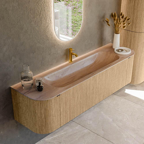 MONDIAZ KURVE-DLUX 170cm badmeubel ronding Links + Rechts kleur Oak met 1 lade en 2 deuren. Wastafel BIG LARGE Midden 1 kraangat Saba. SW1433091
