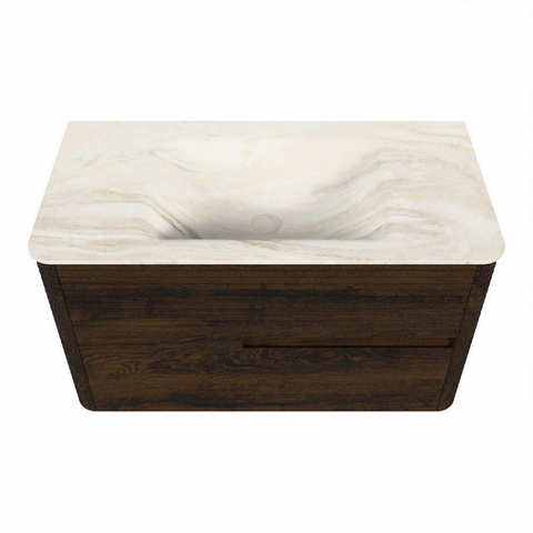 Mondiaz CIRO-DLUX Badkamermeubelset - 90x45x50cm - Solid surface wastafel Ostra - 1 wasbak Midden - 1 kraangat - 2 lades - Walnut SW1530375