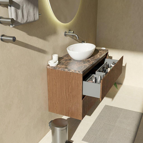 Saniclass Holz Atelier Ensemble de meubles de salle de bains - 100x45x63cm - plan de travail en pierre naturelle Noche Dark Emperador - sans trou de robinet - 2 tiroirs - noyer pur mat (bois) SW1478277