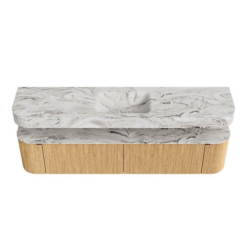 MONDIAZ THOR-DLUX 200cm badmeubel ronding links + rechts kleur Oak met 2 lades en 2 deuren. Vrijhangende wastafel CLOUD Midden zonder kraangat kleur Glace. SW1466941
