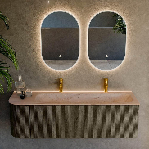 MONDIAZ KURVE-DLUX 145cm meuble de salle de bains arrondi Gauche couleur Shadow avec 1 tiroir et 1 porte. Lavabo BIG LARGE Droit 2 trous de robinet Saba. SW1433277