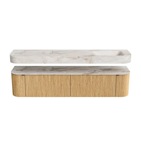MONDIAZ THOR-DLUX 200cm meuble de salle de bains arrondi gauche + droite couleur Chêne avec 2 tiroirs et 2 portes. Vasque suspendue CLOUD Droite sans trou de robinet couleur Frappe. SW1466944