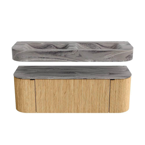 MONDIAZ THOR-DLUX 130cm badmeubel ronding links + rechts kleur Oak met 1 lade en 2 deuren. Vrijhangende wastafel CLOUD Dubbel 2 kraangaten kleur Sombra. SW1464044