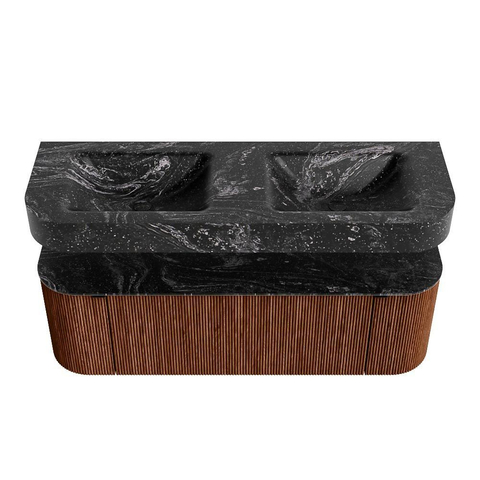 MONDIAZ THOR-DLUX Meuble de salle de bains 140cm arrondi gauche + droite couleur Ruby avec 1 tiroir et 2 portes. Vasque suspendue CLOUD Double 2 trous de robinet couleur Lava. SW1464083