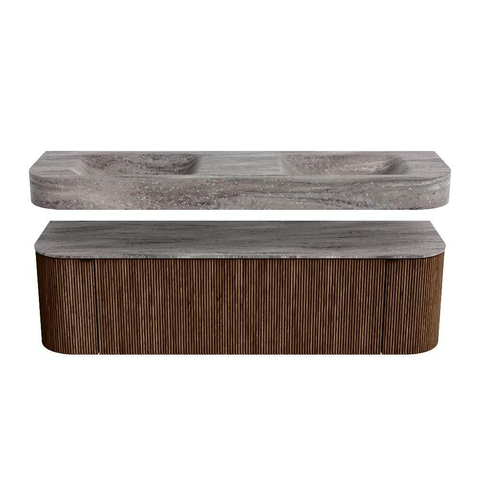 MONDIAZ THOR-DLUX Meuble de salle de bains - 160cm - arrondi gauche + droite - couleur Walnut - 1 tiroir et 2 portes - Vasque suspendue CLOUD Double sans trou de robinet - couleur Oza SW1465298