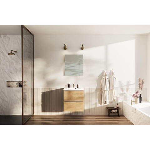 Nemo Go Ensemble de meuble - 60x65x45.5cm - 2 tiroirs - sans poignée - 1 vasque Blanc brillant - 1 trous de robinet - avec miroir - MDF Riverside Oak SW911701