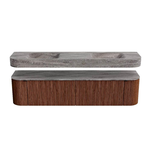 MONDIAZ THOR-DLUX 190cm meuble de salle de bains arrondi gauche + droite couleur Ruby avec 2 tiroirs et 2 portes. Vasque suspendue CLOUD Double sans trou de robinet couleur Oza. SW1466636